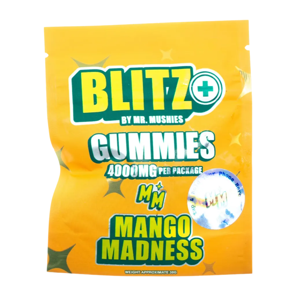 Mango Madness Blitz+ psilocybin and THC gummies by Mr. Mushies