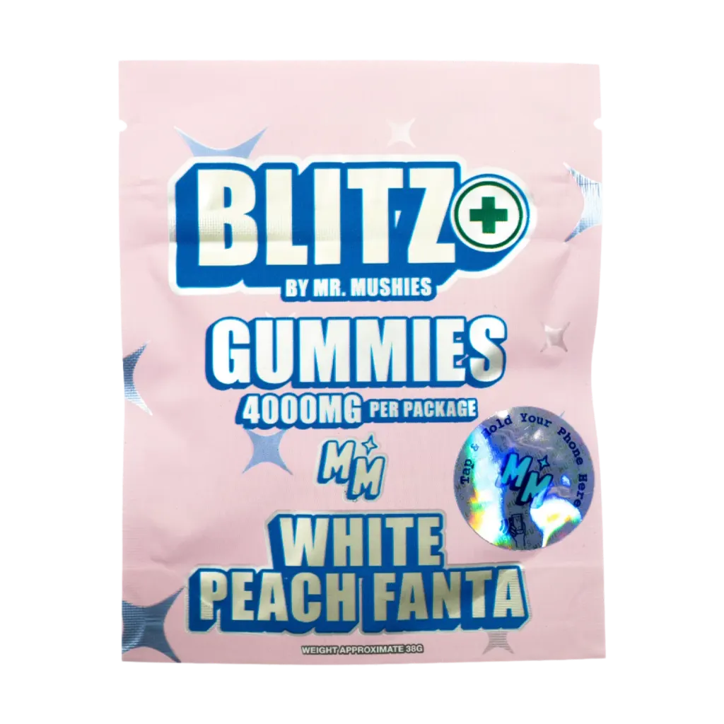 White Peach Fanta Blitz+ psilocybin and THC gummies by Mr. Mushies