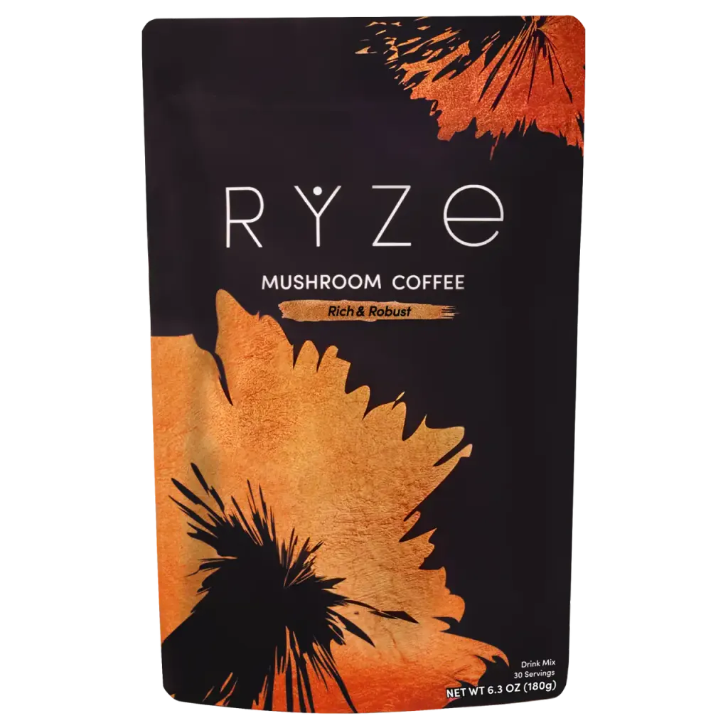 Bag of RYZE dark roast mushroom coffee