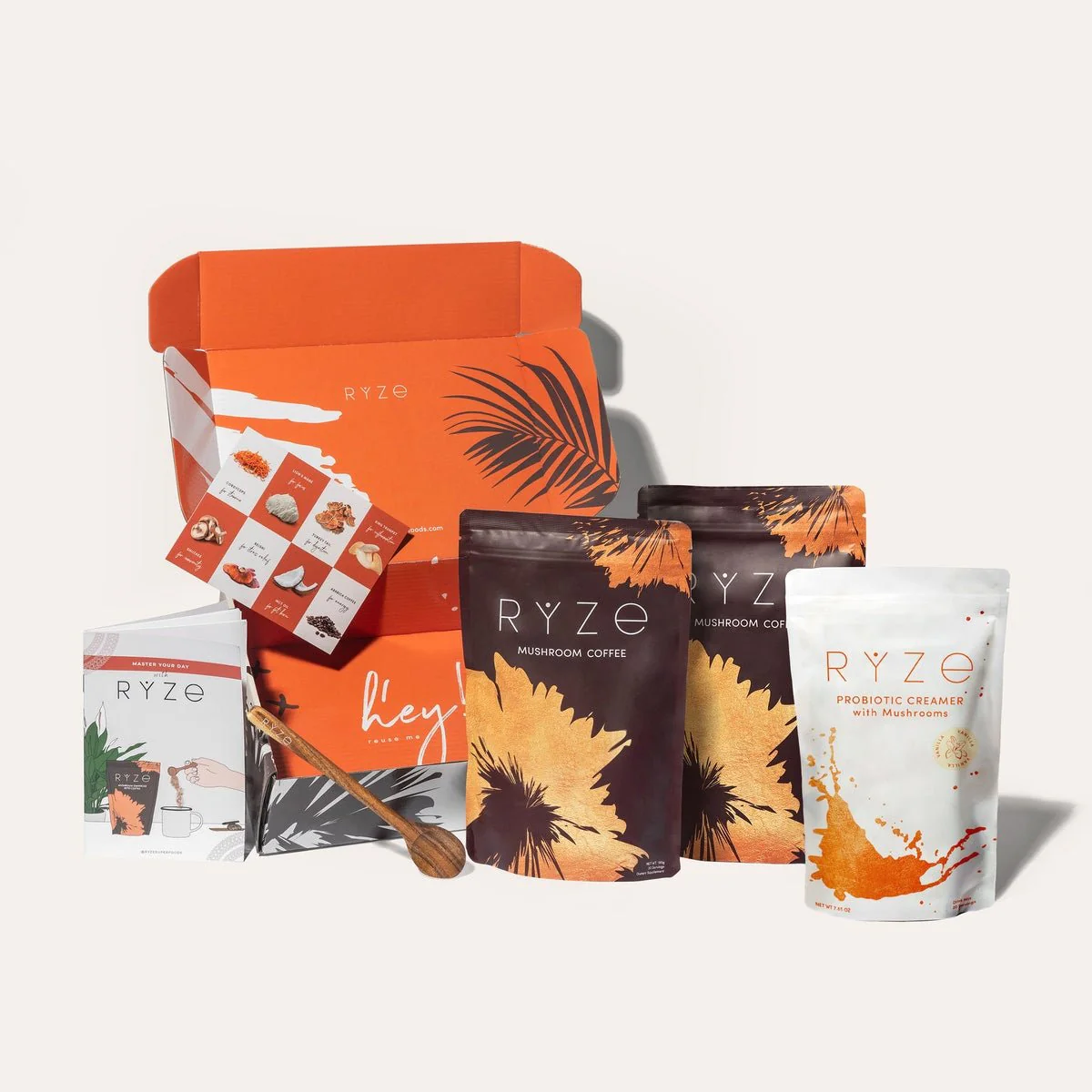 RYZE mushroom coffee starter kit with tin and creamer